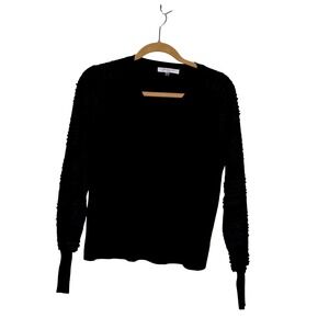 Sioni Milano Womens Black V-Neck Sweater Textured Ruffle Long Sleeve Small